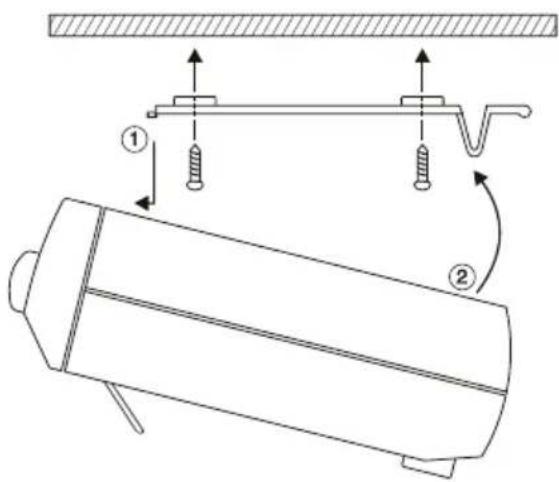 Technical diagram showing a mechanical assembly with labeled parts and directional arrows indicating motion or assembly.