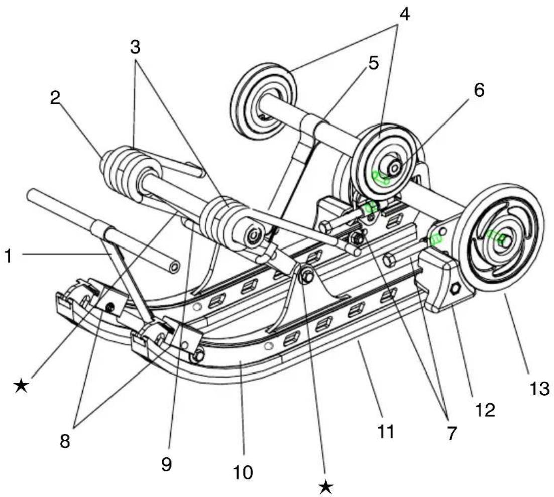 Technical diagram of a mechanical assembly with numbered components and star markers indicating features.