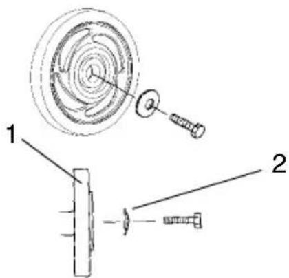 Technical diagram showing mechanical components with numbered labels 1 and 2, including a spiral component and threaded fastener.