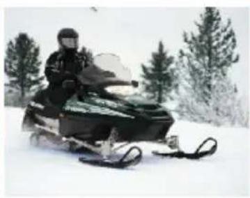 Person riding a snowmobile in a snowy landscape with evergreen trees (no visible text or symbols)