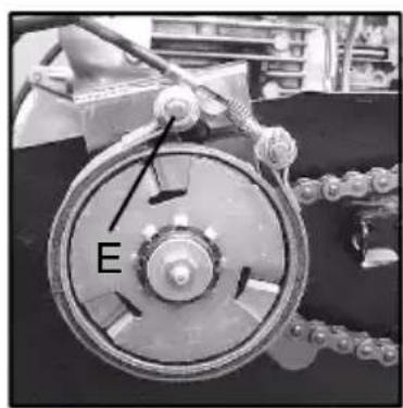 Close-up of a mechanical component with labeled parts (E), no readable text or symbols beyond the label