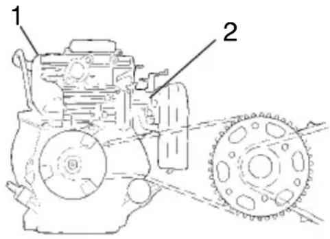 Technical diagram of a mechanical assembly with labeled parts 1 and 2