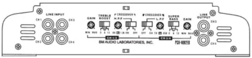 LINE INPUT CH1 CH3 GAIN TRESIBLE BOOST F CROSSOVER 7 H.P.F MIN MAX 0 & 12 AG 12n CH BPF SPF CH 56 PSB 0 & 12 NEW MAX CH4 CH3 BM AUDIO LABORATORIES, INC. CS 36 PSB-48821R CH4 LINE OUTPUT CH3