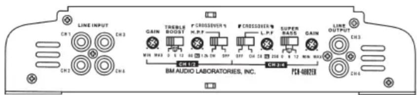 LINE INPUT CH1 CH3 CH2 CH4 GAIN TRABBLE BOOST F CROSOVER 9 H.P.F MIN MAX 0.5 12 60 12h CH OFF GFP CH 58 256 0.5 12 MIN MAX CHU2 CHU4 PCB OUTPUT BM AUDIO LABORATORIES, INC. CHU4