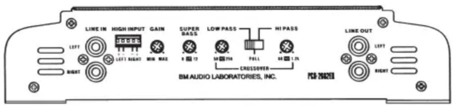LINE IN HIGH INPUT GAIN SUPER BASS LOW PASS HI PASS LINE OUT LEFT LEFT RIGHT MIN MAX 8 12 MB 350 FOLL 48 1.25 CROSOVER BM AUDIO LABORATORIES, INC. PS-260201 LEFT RENT