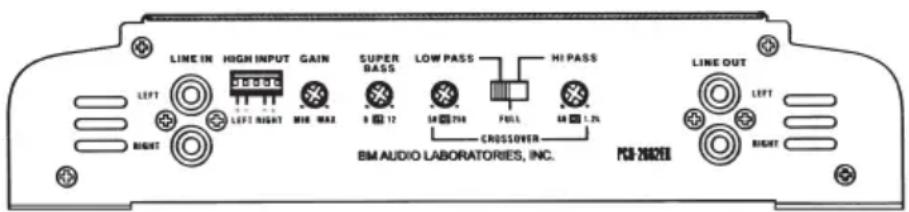 LINE IN HIGH INPUT GAIN SUPER BASS LOW PASS HI PASS LINE OUT LEFT LEFT RIGHT MIR WAR 9 12 14 758 FULL 64 L 2L CROSOVER BM AUDIO LABORATORIES, INC. PS-20020 RIGHT RIGHT