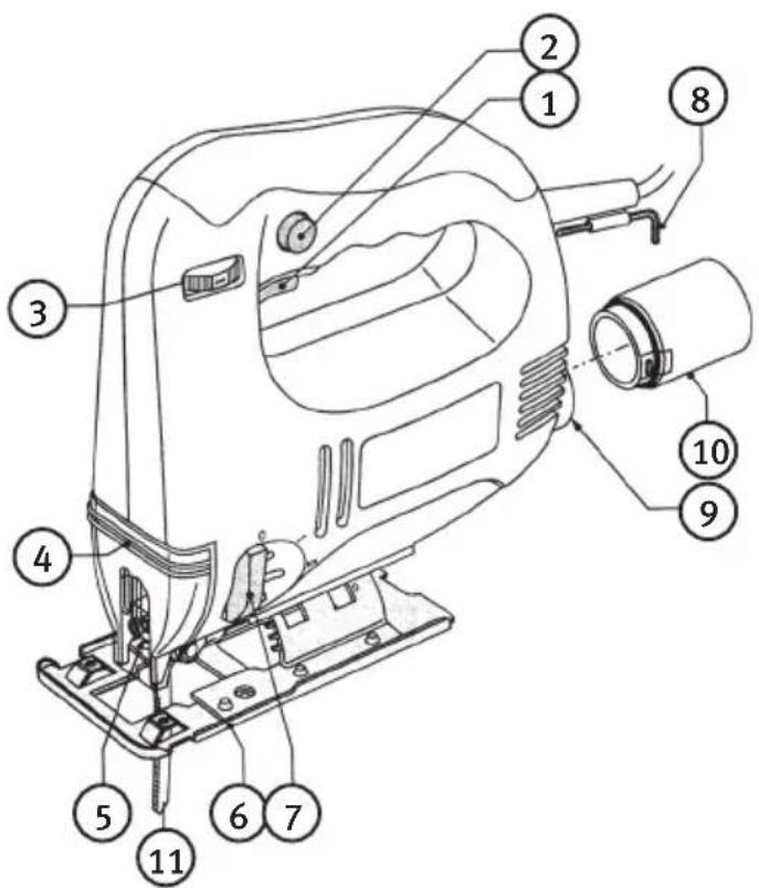 Technical diagram of a sewing machine with numbered parts for identification