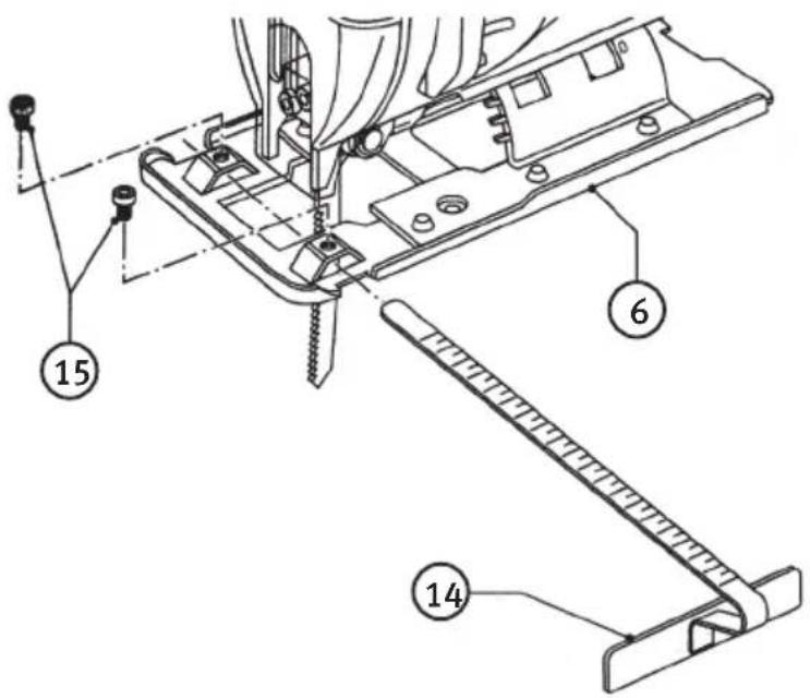 Technical diagram of a sewing machine with numbered parts labeled 14, 15, and 6