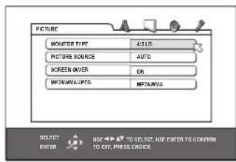 PICTURE MONITOR TYPE 4315 PICTURE SOURCE AUTO SCREEN COVER ON MP3/NV6/UPG MP3/NV6 SELECT ENTER USE ⬆️ ARE TO SEE OUT USE ENTER TO CONFIRM TO EXP. PRESS CHECK