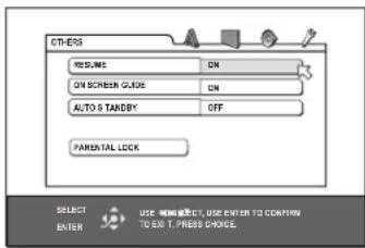 OTHERS RESUME ON ON SCREEN GUIDE ON AUTO S TANDBY OFF PARENTAL LOCK SELECT USE DIRECT, USE ENTER TO CONTAIN TO SX T. PRESS CHOICE ENTER