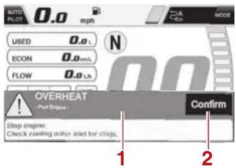 AUTO PLOT 0.0 mph USED 0.0 L N ECON 0.0 mmL FLOW 0.0 L/h OVERHEAT - Part Engine - Confirm Stop engine. Check cooling water inlet for clags. 1 2