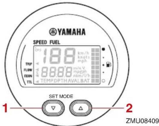 YAMAHA SPEED FUEL 18.8 km/h TRIP FLOW ECON TTL TEMP DPTH AVALBAT SET MODE ZMU08409