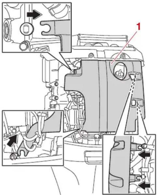 Technical diagram of a vehicle engine showing internal components and directional arrows indicating assembly or movement.