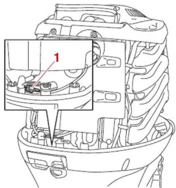 Technical diagram of a car engine bay with labeled component '1' and internal wiring structure