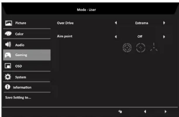 Mode - User Picture Color Audio Gaming OSD System Information Save Setting to... Over Drive Aim point Extrama Off