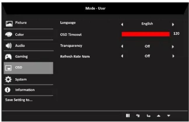 Mode - User Picture Color Audio Gaming OSD System Information Save Setting to... Language OSD Timeout Transparency Refresh Rate Num English 120 Off Off