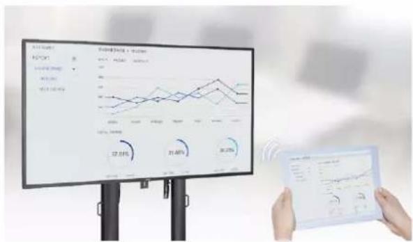 Digital dashboard displaying financial metrics and growth charts, with a hand holding a tablet showing data visualization.
