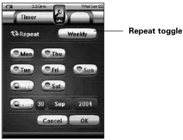 10:0pm Wed Sep 22 Timer Repeat Weekly Mon Thu Tue Fri Sun Wed Sat Telur 30 Sep 2004 Cancel OK Repeat toggle