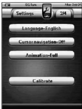 Settings 2/4 Language-English Cursor navigation-Off Animation-Full Calibrate