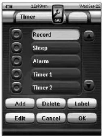 10:49pm Wed Sep 22 Timer Record Sleep Alarm Timer 1 Timer 2 Add Delete Label Edit Cancel OK