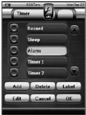 19:17pm Wed Sep 22 Timer Record Sleep Alarm Timer 1 Timer 2 Add Delete Label Edit Cancel OK