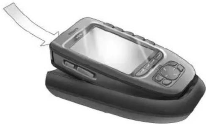 Illustration of a mobile phone with a screen and keypad, showing a curved arrow pointing to the screen (no text or symbols present)