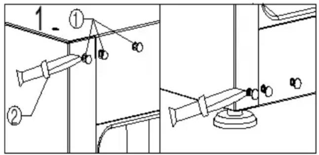 Technical diagram showing two mechanical assembly steps with labeled components and numbered callouts