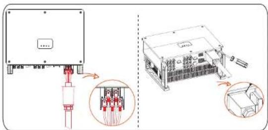 Technical diagram showing installation of an electrical enclosure with labeled components and close-up views of internal wiring.