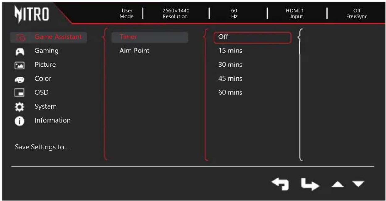 MITRO User Mode | 2560x1440 Resolution | 60 Hz | HDMI 1 Input | Off FreeSync Game Assistant Timer Gaming Aim Point Off 15 mins 30 mins 45 mins 60 mins Picture Color OSD System Information Save Settings to...