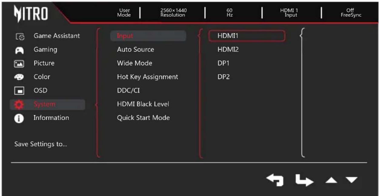 MITRO User Mode | 2560×1440 Resolution | 60 Hz | HDMI 1 Input | Off FreeSync Game Assistant Gaming Picture Color OSD System Information Save Settings to... Input Auto Source Wide Mode Hot Key Assignment DDC/CI HDMI Black Level Quick Start Mode HDMI1 HDMI2 DP1 DP2