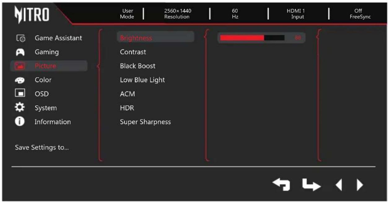 MITRO User Mode | 2560×1440 Resolution | 60 Hz | HDMI 1 Input | Off FreeSync Game Assistant Gaming Picture Color OSD System Information Save Settings to... Brightness Contrast Black Boost Low Blue Light ACM HDR Super Sharpness 88
