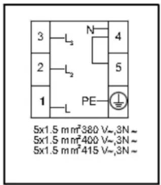 3—L₃ 2—L₂ 1—L N 4 5 PE 5x1.5 m m²380 V~,3N~ 5x1.5 m m²400 V~,3N~ 5x1.5 m m²415 V~,3N~