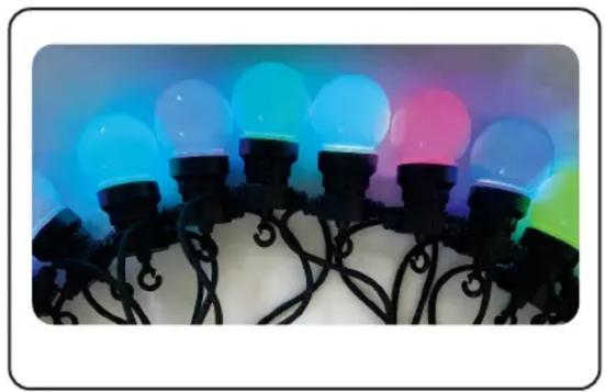 Close-up of black decorative light bulbs with blue and pink hues against a white background (no text or symbols)