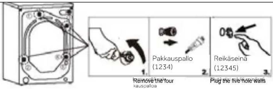 Remove the four kauspalloa Pakkauspallo (1234) Reikäseinä (12345) Plug the five holes walls