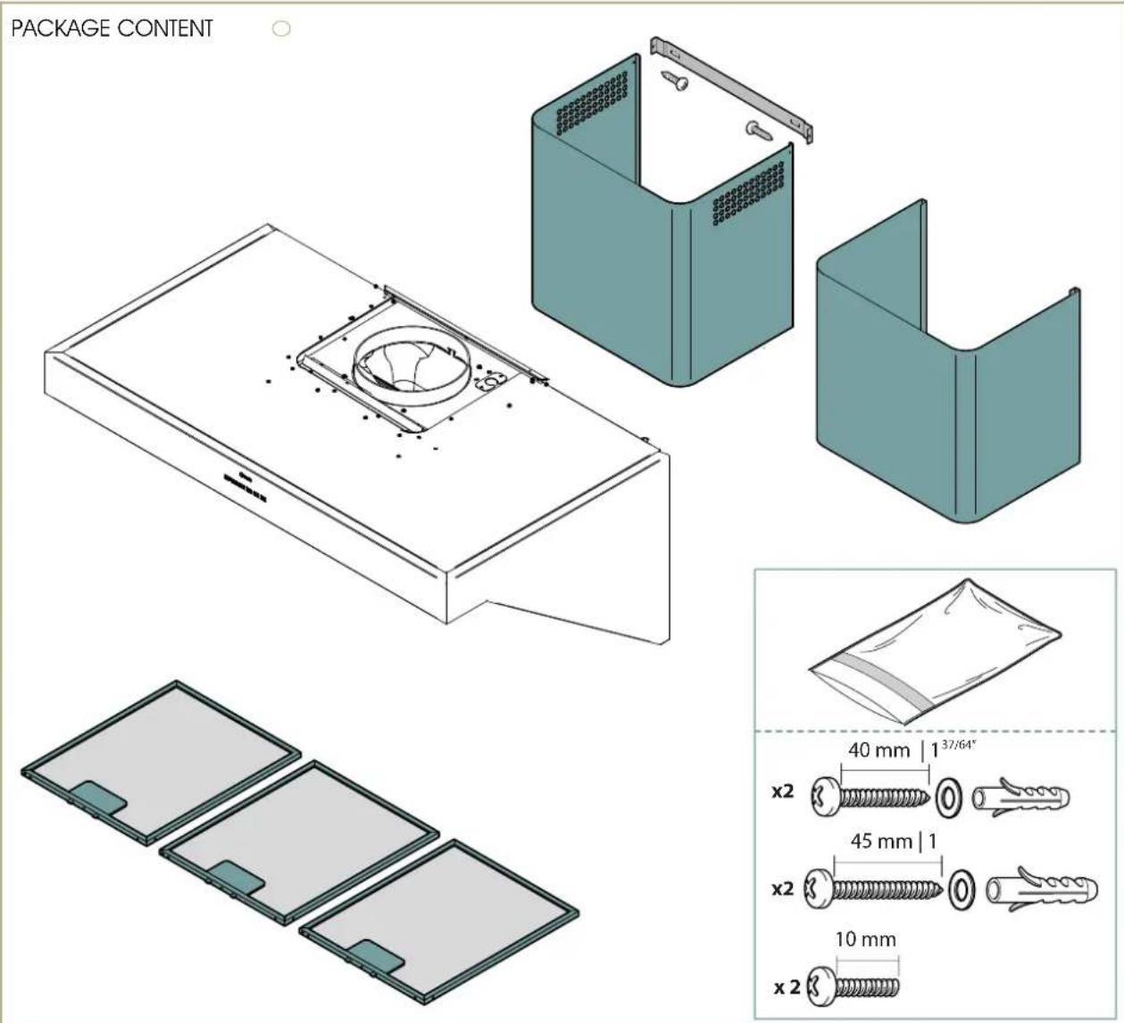PACKAGE CONTENT x2 40 mm | 1 37/64" x2 45 mm | 1 x2 10 mm x2