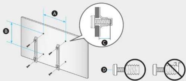 Technical diagram showing mechanical assembly with labeled components A, B, C, and D, including a magnified inset view of a bolt detail.