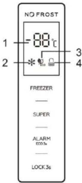 NO FROST -88°C 1 2 * ico 3 4 FREEZER — SUPER — ALARM ECO 3s — LOCK 3s