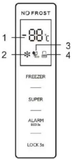 NO FROST 1 -88°C 2 * 3 4 FREEZER — SUPER — ALARM ECO 3s — LOCK 3s