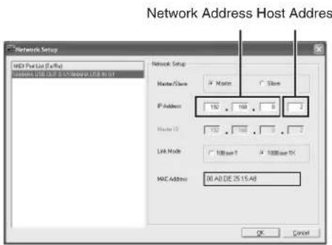 Network Address Host Address HDD Pin List (FFR) HDD USB Client (USB) Release USB to 01 Network Setup Master/Slave IP Address 150 168 8 2 Master ID 150 168 8 2 LVA Mode 100bit 100bit TX MAC Address 00 A0 DE 25 15 A0 OK Cancel