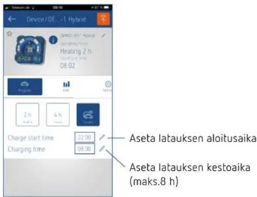 Device/DE -1 Hybrid Heating 2 h 08.02 Program 2 h 4 h Charge start time 22:00 Charging time 08:00 Aseta latauksen aloitusaika Aseta latauksen kestoaika (maks.8 h)