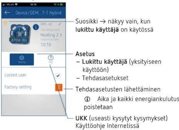 Device/DEM...T-1 Hybrid Suosikki → näkyy vain, kun lukittu käyttäjä on käytössä Asetus – Lukittu käyttäjä (yksityiseen käyttöön) – Tehdasasetukset Tehdasasetusten lähettäminen ① Aika ja kaikki energiankulutus poistetaan UKK (useasti kysytyt kysymykset) Käyttöohje Internetissä