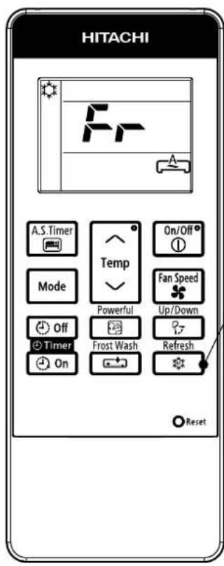 HITACHI A.S. Timer Temp On/Off Mode Powerful Fan Speed Off Timer Frost Wash Up/Down On Refresh Reset