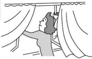 Illustration of a person hanging from a window with curtains (no text or symbols)