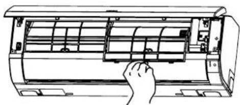 Line drawing of a hand inserting a fan into an air conditioner unit (no text or symbols)