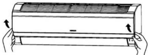 Illustration of hands holding a large air conditioner unit with cooling fins (no text or symbols)
