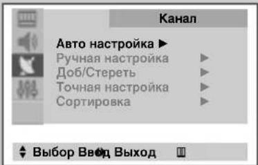 Канал Авто настройка ▶ Ручная настройка ▶ Доб/Стереть ▶ Точная настройка ▶ Сортировка ▶ Выбор Ввод Выход