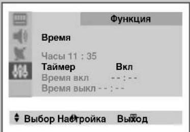 Функция Время Часы 11 : 35 Таймер Вкл Время вкл --:-- Время выкл --:-- ◆ Выбор Настройка Выход