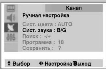 Канал Ручная настройка Сист. цвета : AUTO Сист. звука : B/G Поиск: -/+ Программа: 18 Сохранить: ? ◀ Выбор ◀ Настройка □Выход
