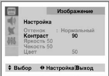 Изображение Настройка Оттенок : Нормальный Контраст 90 Яркость 50 Чекость 50 Цвет 50 Выбор Настройка Выход