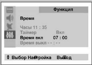 Функция Время Часы 11 : 35 Таймер Вкл Время вкл 07 : 00 Время выкл --- : : . Выбор Настройка Выход